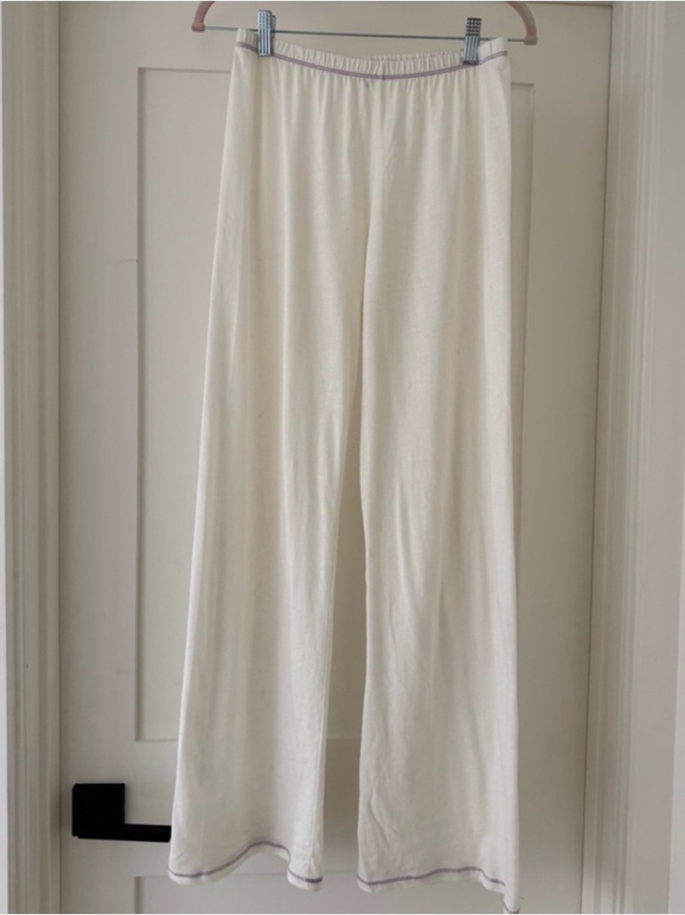 set active soft white lounge pants with purple stitching
